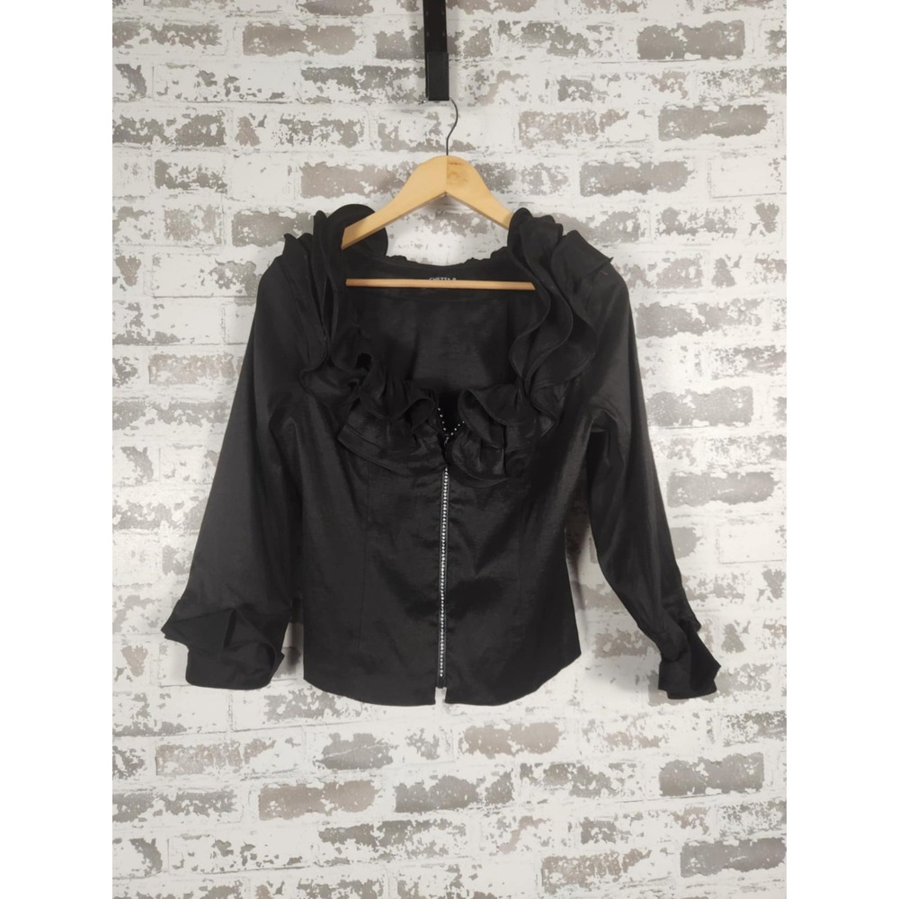 Chetta B‎ Blouse Womens Size Small Black Front Zip Ruffled V-Neck Elegant Glam